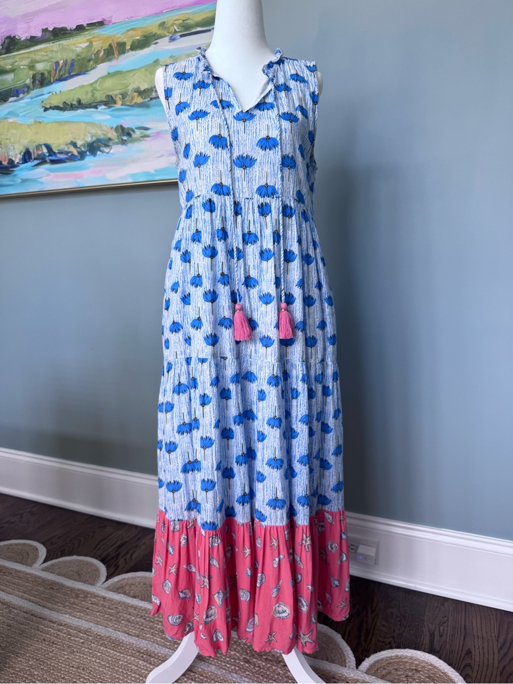 THML Blue Floral Maxi Dress with coral Tassel Hem size XS